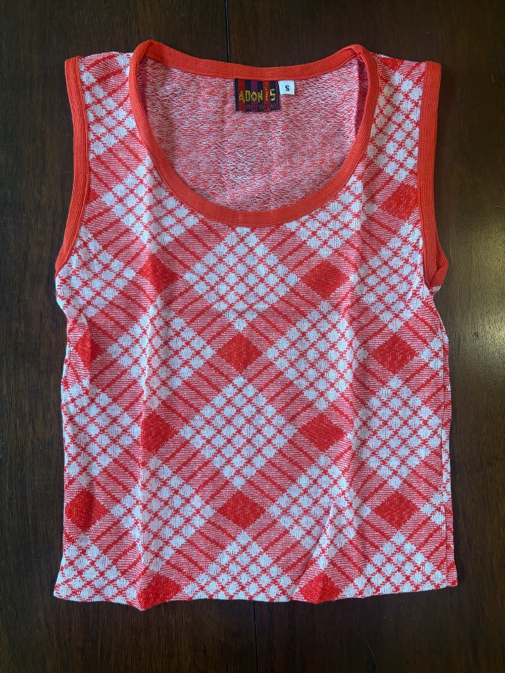Adonis Sportswear Vintage Red White Argyle Diamond Pattern Woven Knit Tank Top